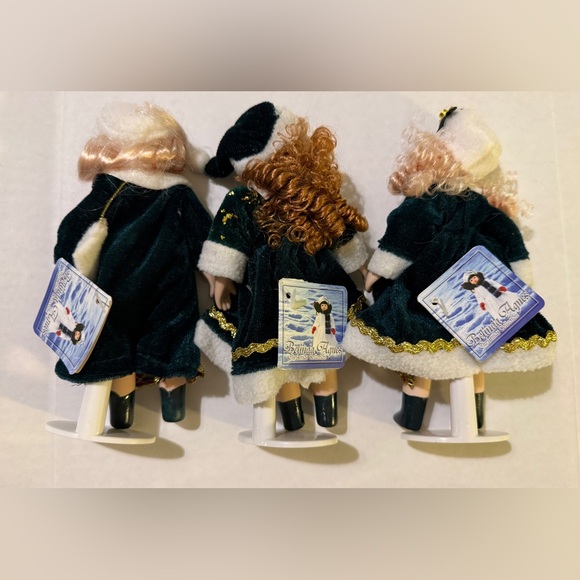Belinda Agnes Vintage Trio Of Porcelain Faced Holiday Dolls w Stands 7” - Picture 2 of 5